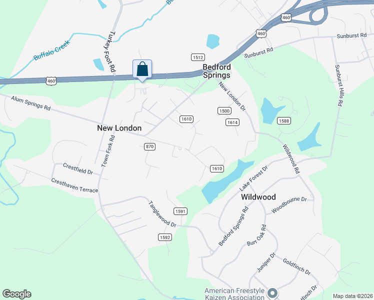 map of restaurants, bars, coffee shops, grocery stores, and more near 54 County Road 870 in Lynchburg