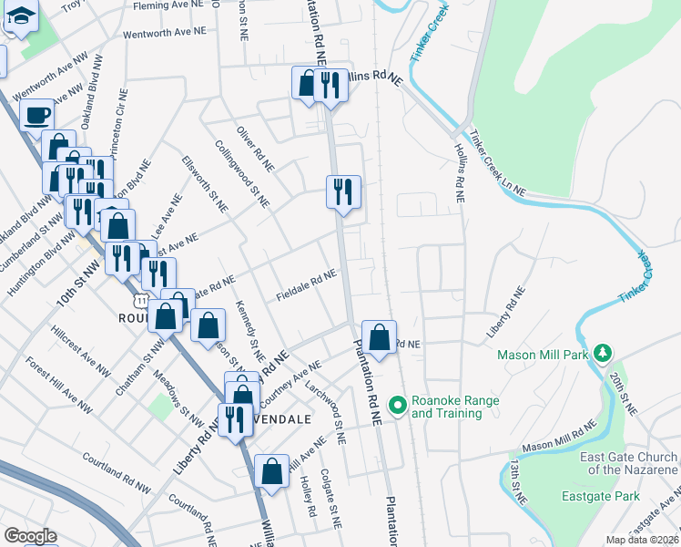 map of restaurants, bars, coffee shops, grocery stores, and more near 2727 Plantation Road Northeast in Roanoke