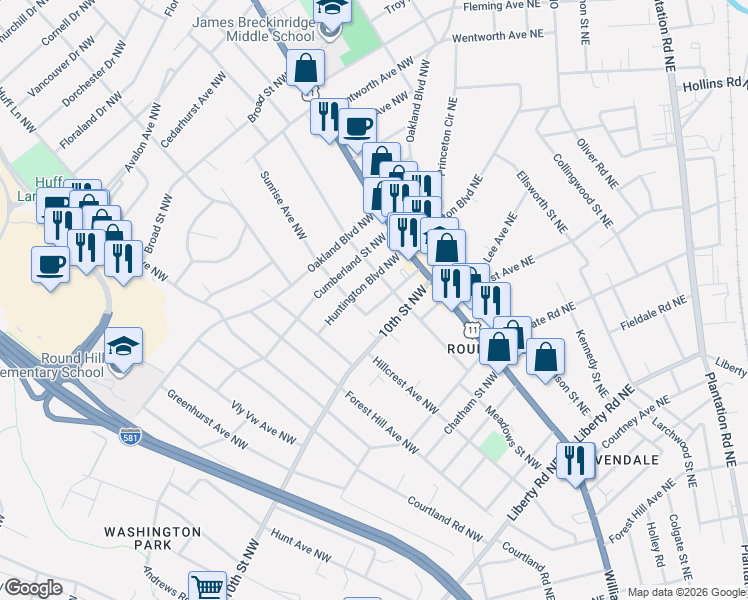 map of restaurants, bars, coffee shops, grocery stores, and more near 2807 Huntington Boulevard Northwest in Roanoke