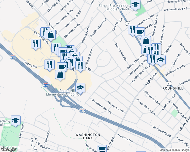map of restaurants, bars, coffee shops, grocery stores, and more near 3646 Greenland Avenue Northwest in Roanoke