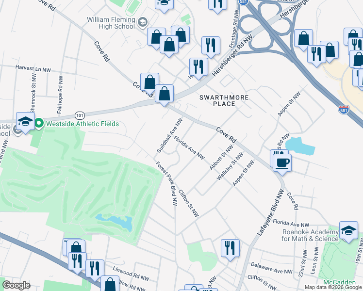 map of restaurants, bars, coffee shops, grocery stores, and more near 1578 Golfside Avenue Northwest in Roanoke