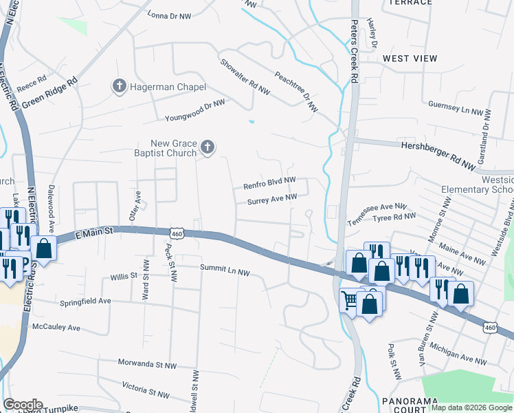 map of restaurants, bars, coffee shops, grocery stores, and more near 4618 Surrey Avenue Northwest in Roanoke