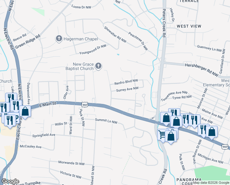 map of restaurants, bars, coffee shops, grocery stores, and more near 4618 Surrey Avenue Northwest in Roanoke