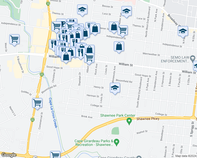 map of restaurants, bars, coffee shops, grocery stores, and more near 1827 Bloomfield Road in Cape Girardeau