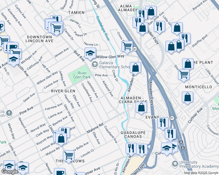 map of restaurants, bars, coffee shops, grocery stores, and more near 1874 Kirkland Avenue in San Jose