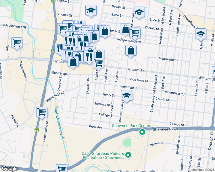 map of restaurants, bars, coffee shops, grocery stores, and more near 1827 Bloomfield Road in Cape Girardeau