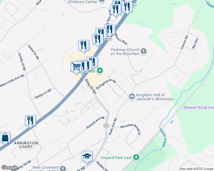 map of restaurants, bars, coffee shops, grocery stores, and more near 3360 Meadowrun Drive Northeast in Roanoke