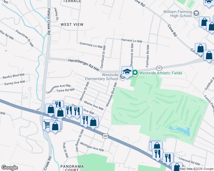map of restaurants, bars, coffee shops, grocery stores, and more near 1406 Gilbert Road Northwest in Roanoke