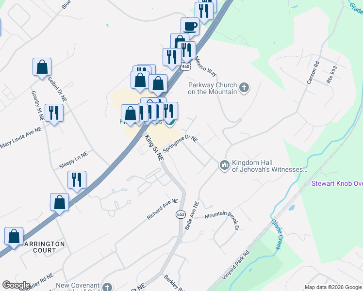 map of restaurants, bars, coffee shops, grocery stores, and more near 3360 Meadowrun Drive Northeast in Roanoke
