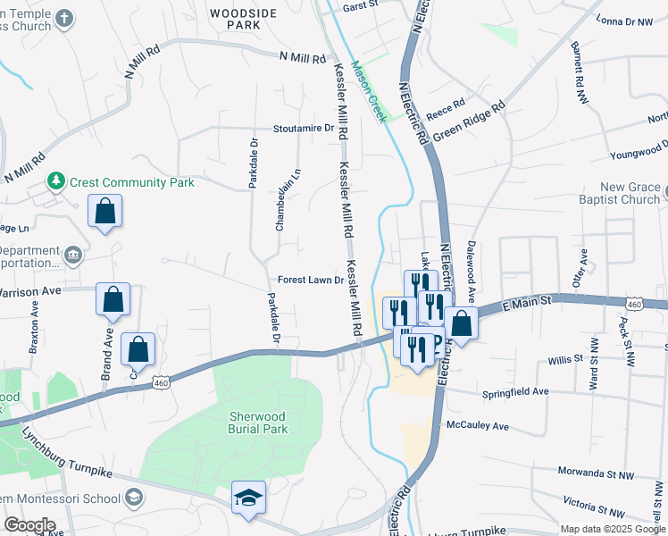 map of restaurants, bars, coffee shops, grocery stores, and more near 1300 Forest Lawn Drive in Salem