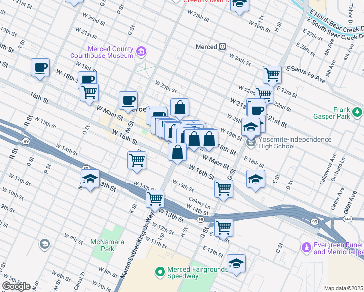map of restaurants, bars, coffee shops, grocery stores, and more near 301 West 17th Street in Merced