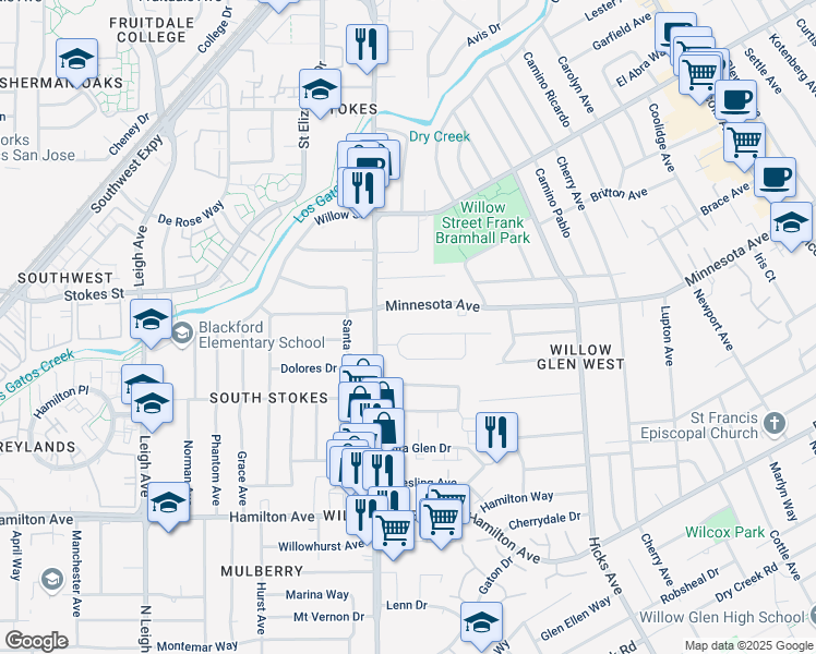 map of restaurants, bars, coffee shops, grocery stores, and more near 1583 De Anza Way in San Jose