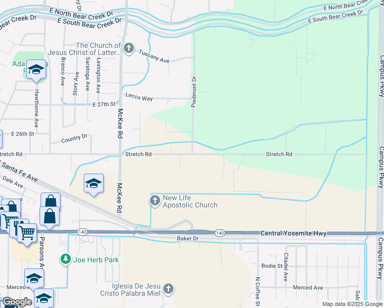 map of restaurants, bars, coffee shops, grocery stores, and more near Stretch Road in Merced