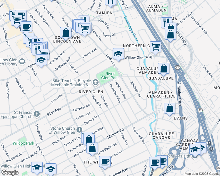 map of restaurants, bars, coffee shops, grocery stores, and more near 1743 Coastland Avenue in San Jose