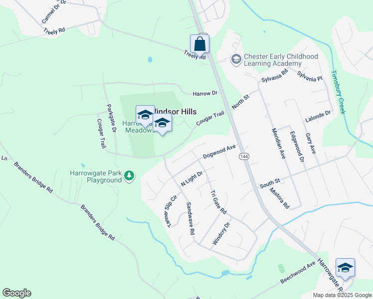 map of restaurants, bars, coffee shops, grocery stores, and more near 3800 Yard Arm Drive in Chester