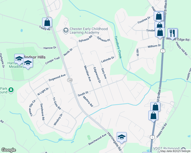 map of restaurants, bars, coffee shops, grocery stores, and more near 16000 Edgewood Drive in Chester