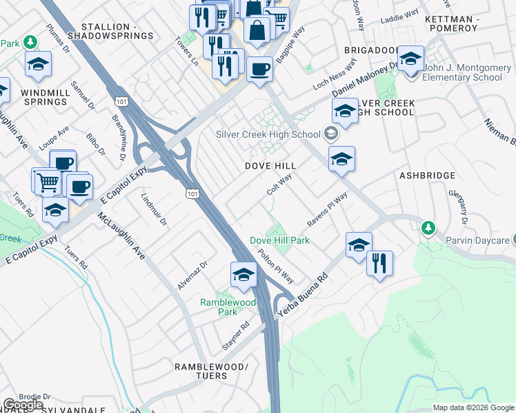 map of restaurants, bars, coffee shops, grocery stores, and more near 3609 Wally Place Way in San Jose