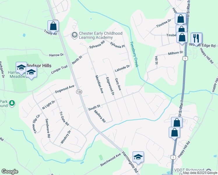 map of restaurants, bars, coffee shops, grocery stores, and more near 16000 Edgewood Drive in Chester