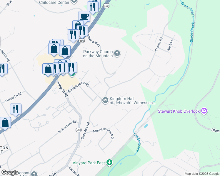 map of restaurants, bars, coffee shops, grocery stores, and more near 3596 Belle Avenue Northeast in Roanoke