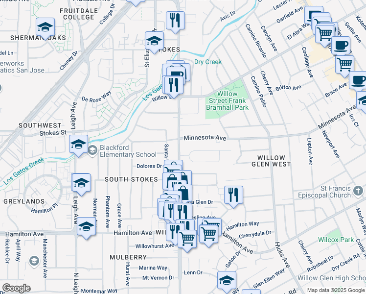map of restaurants, bars, coffee shops, grocery stores, and more near 1583 De Anza Way in San Jose