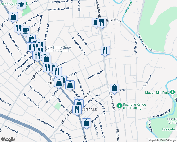 map of restaurants, bars, coffee shops, grocery stores, and more near 2901 Bradley Street Northeast in Roanoke