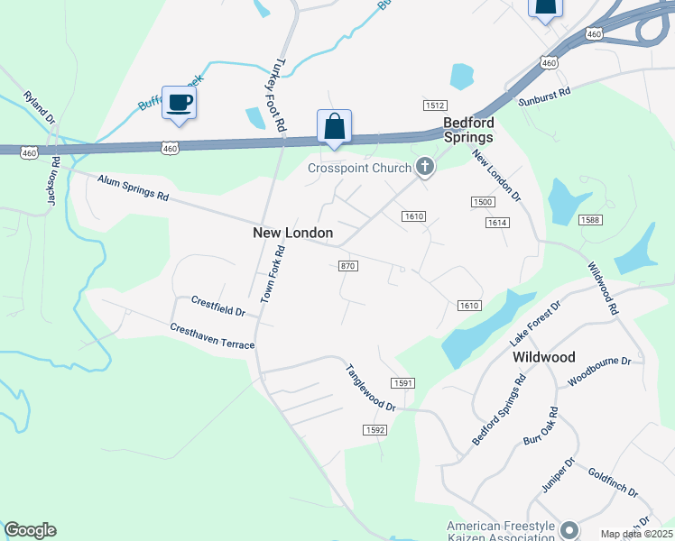 map of restaurants, bars, coffee shops, grocery stores, and more near 71 Fowler Street in Lynchburg