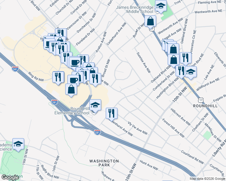 map of restaurants, bars, coffee shops, grocery stores, and more near 3646 Greenland Avenue Northwest in Roanoke