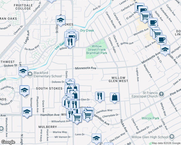 map of restaurants, bars, coffee shops, grocery stores, and more near 1545 De Anza Way in San Jose