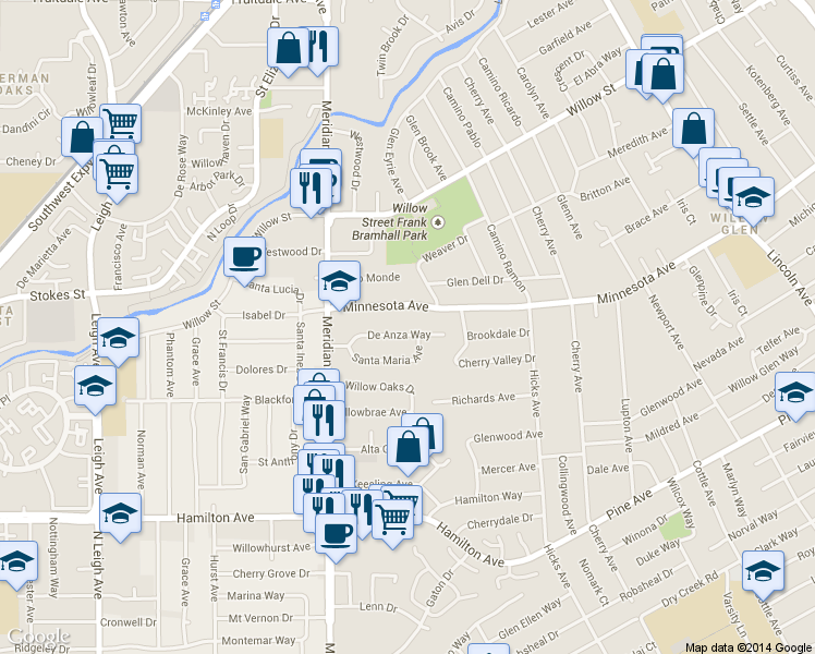 map of restaurants, bars, coffee shops, grocery stores, and more near 1545 De Anza Way in San Jose