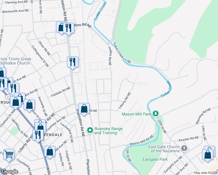 map of restaurants, bars, coffee shops, grocery stores, and more near 2804 Hollins Rd NE in Roanoke