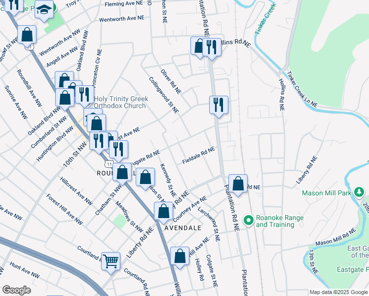 map of restaurants, bars, coffee shops, grocery stores, and more near 2901 Bradley Street Northeast in Roanoke