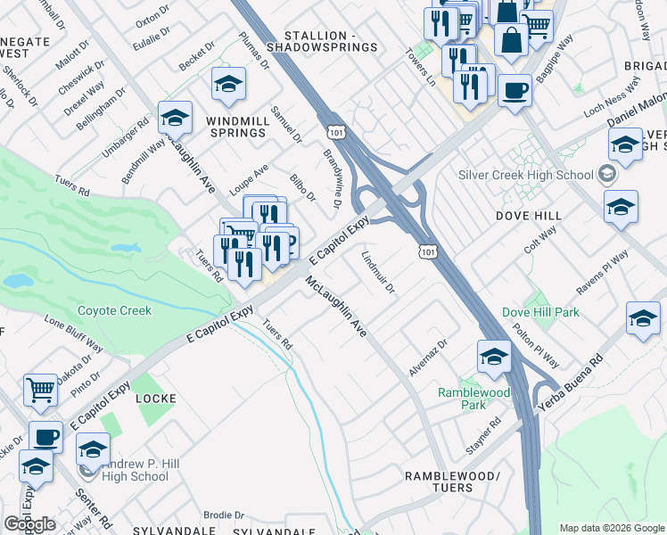 map of restaurants, bars, coffee shops, grocery stores, and more near 1242 Medley Drive in San Jose