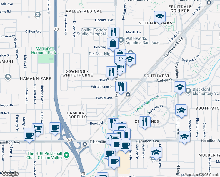 map of restaurants, bars, coffee shops, grocery stores, and more near 1351 South Bascom Avenue in San Jose