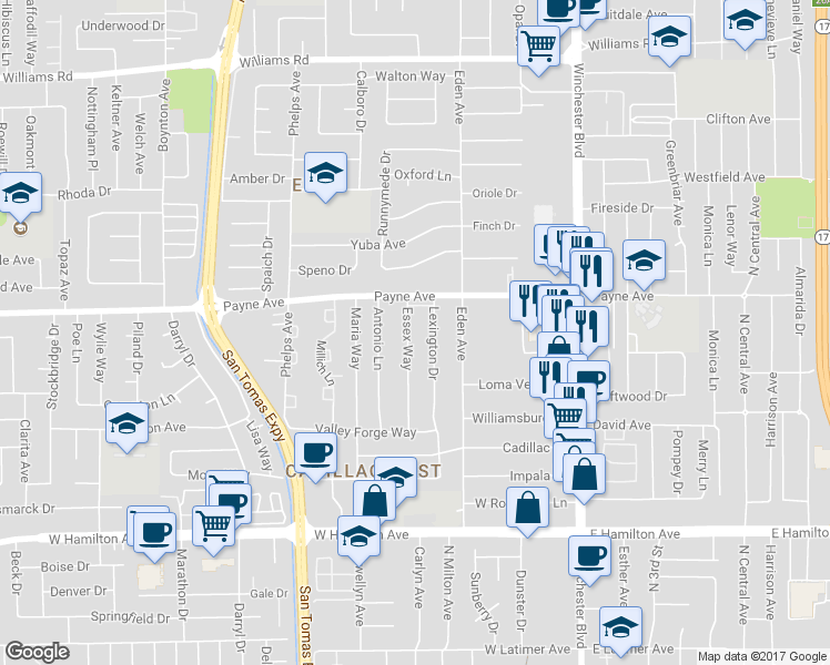 map of restaurants, bars, coffee shops, grocery stores, and more near 1335 Lexington Drive in San Jose