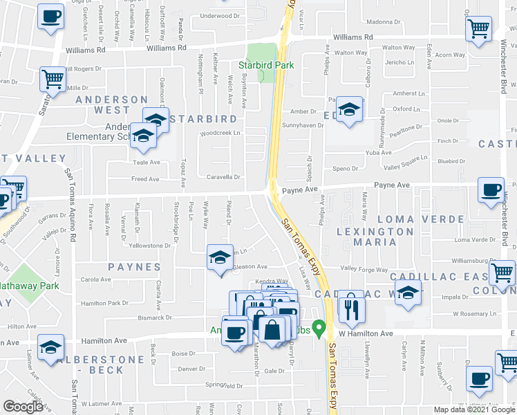 map of restaurants, bars, coffee shops, grocery stores, and more near in San Jose