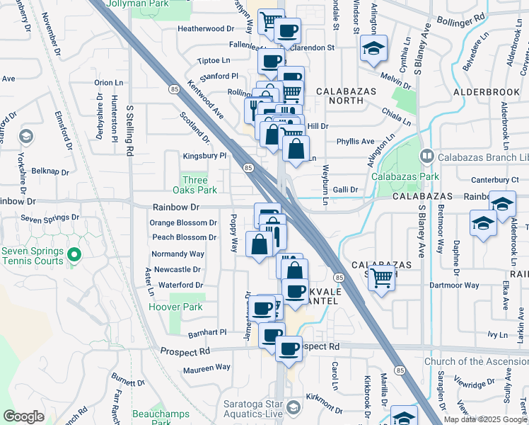 map of restaurants, bars, coffee shops, grocery stores, and more near 7374 Rainbow Drive in Cupertino