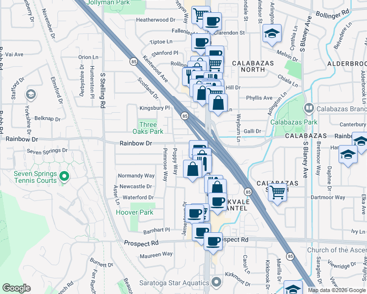 map of restaurants, bars, coffee shops, grocery stores, and more near 7374 Rainbow Drive in Cupertino