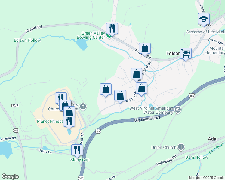 map of restaurants, bars, coffee shops, grocery stores, and more near 254 Maple View Road in Bluefield