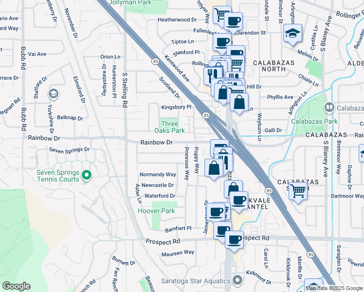 map of restaurants, bars, coffee shops, grocery stores, and more near 7518 Rainbow Drive in Cupertino