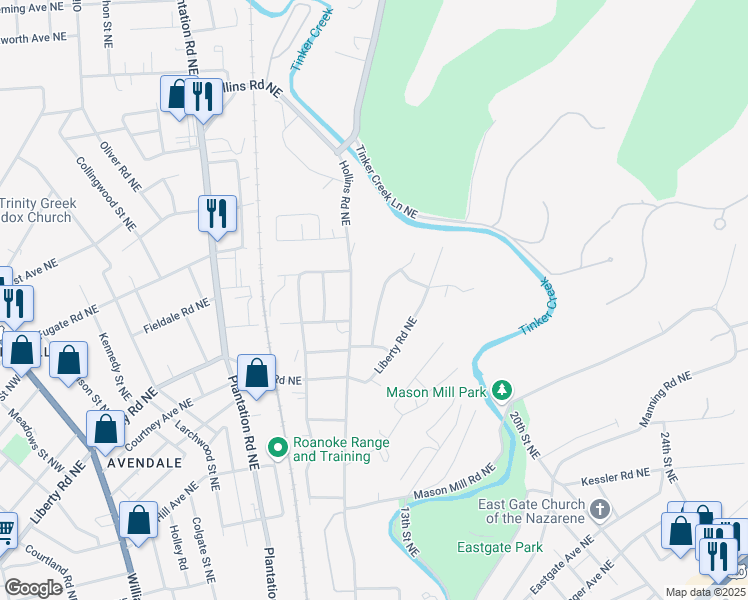 map of restaurants, bars, coffee shops, grocery stores, and more near 2808 Bluestone Avenue Northeast in Roanoke