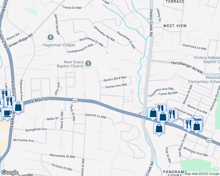 map of restaurants, bars, coffee shops, grocery stores, and more near 4618 Surrey Avenue Northwest in Roanoke