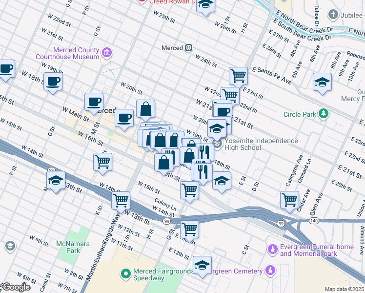 map of restaurants, bars, coffee shops, grocery stores, and more near 120 West 18th Street in Merced
