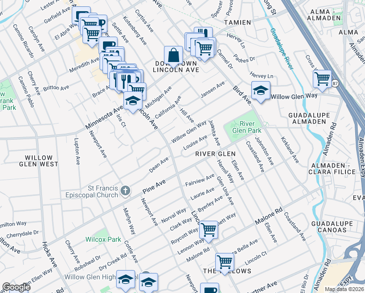 map of restaurants, bars, coffee shops, grocery stores, and more near 1055 Louise Avenue in San Jose