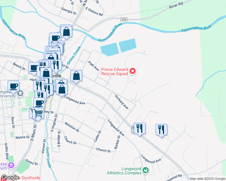 map of restaurants, bars, coffee shops, grocery stores, and more near 602 East 2nd Street in Farmville