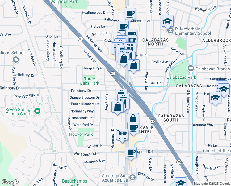 map of restaurants, bars, coffee shops, grocery stores, and more near 7374 Rainbow Drive in Cupertino