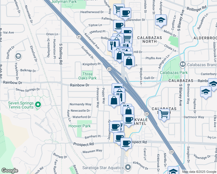 map of restaurants, bars, coffee shops, grocery stores, and more near 7406 Rainbow Drive in Cupertino