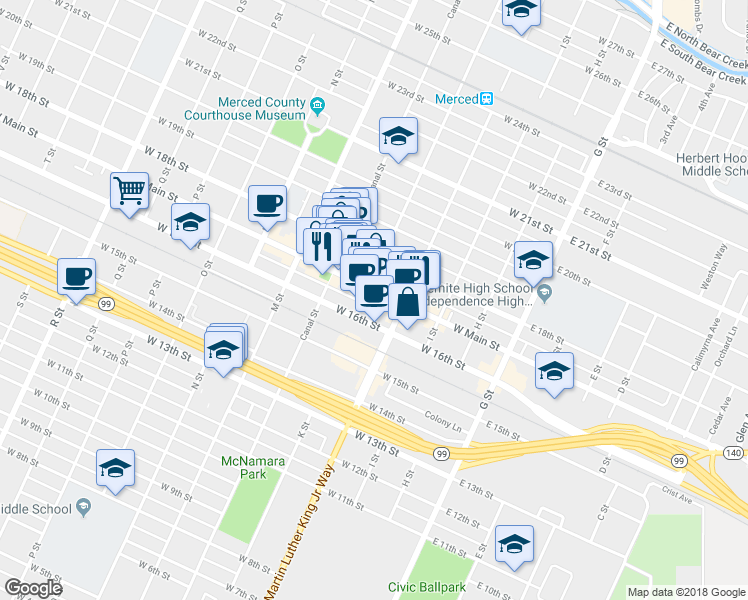map of restaurants, bars, coffee shops, grocery stores, and more near 350 West Main Street in Merced