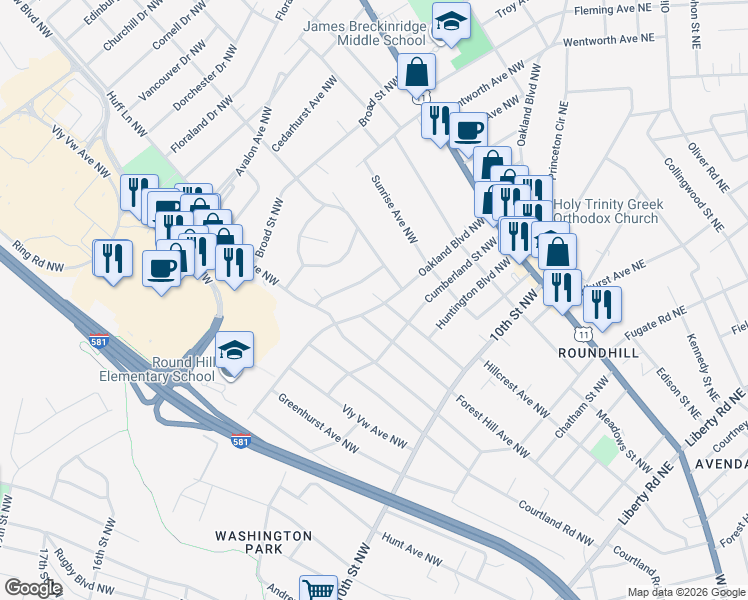 map of restaurants, bars, coffee shops, grocery stores, and more near 2518 Oakland Boulevard Northwest in Roanoke