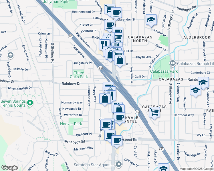 map of restaurants, bars, coffee shops, grocery stores, and more near 7344 Rainbow Drive in Cupertino