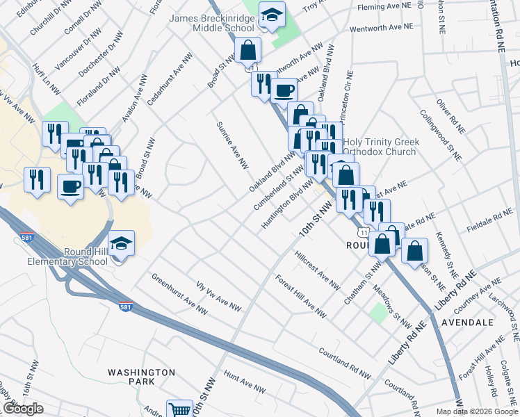 map of restaurants, bars, coffee shops, grocery stores, and more near 2719 Cumberland Street Northwest in Roanoke